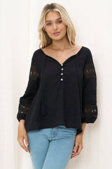 Susette Top - Buttoned Down Lace Insert Detailing Long Sleeve Top in Black