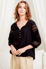 Susette Top - Buttoned Down Lace Insert Detailing Long Sleeve Top in Black