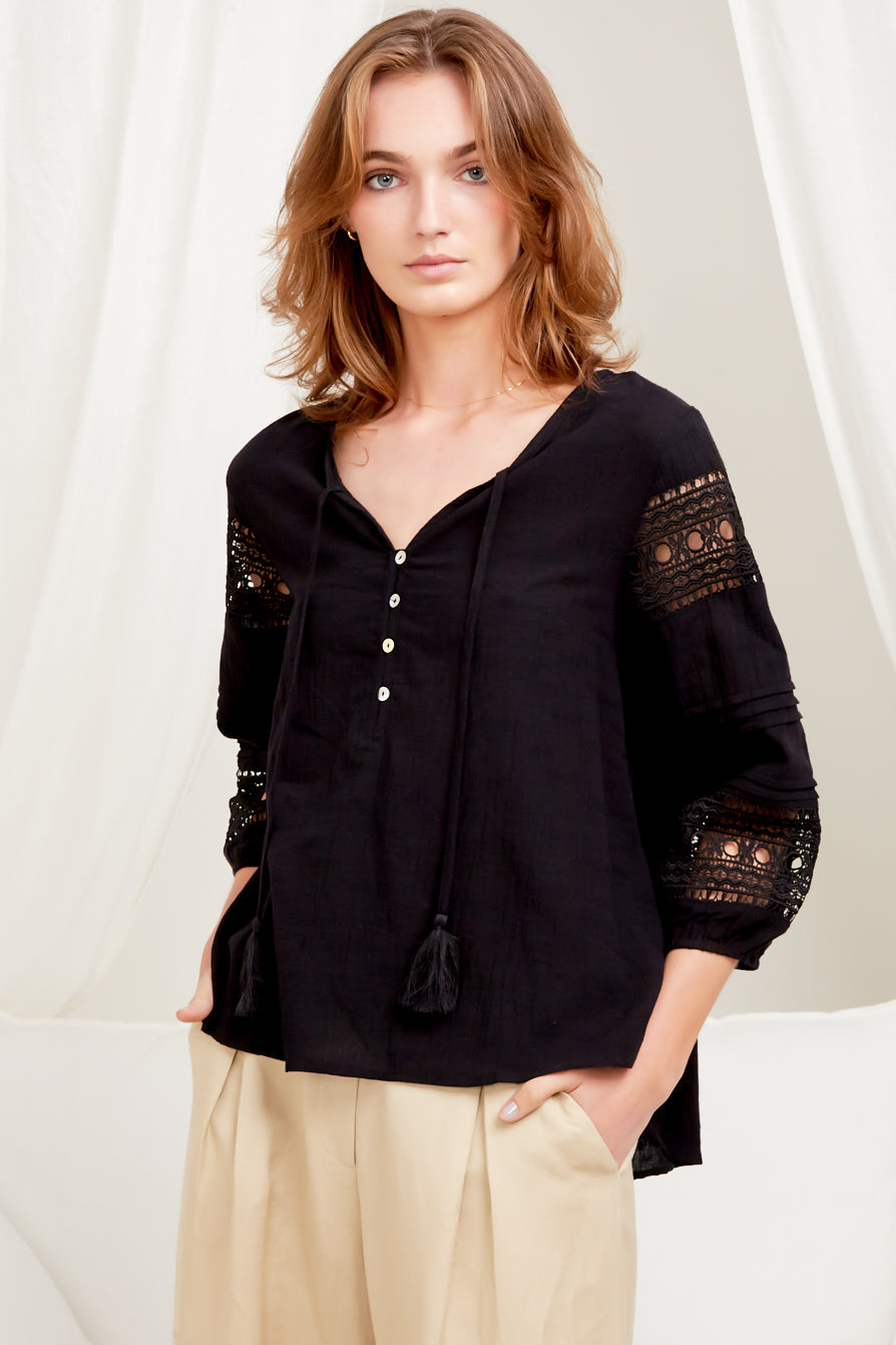 Susette Top - Buttoned Down Lace Insert Detailing Long Sleeve Top in Black