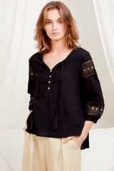 Susette Top - Buttoned Down Lace Insert Detailing Long Sleeve Top in Black