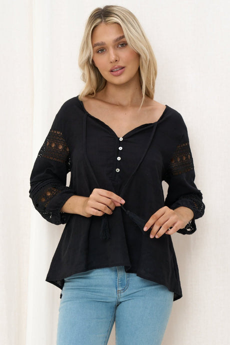 Susette Top - Buttoned Down Lace Insert Detailing Long Sleeve Top in Black