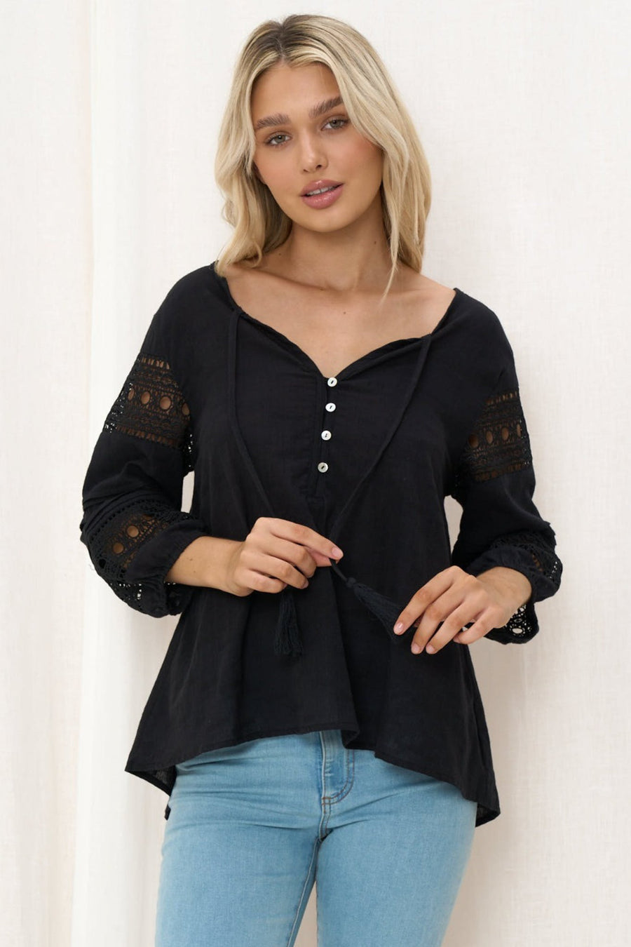 Lace Inset Flare Sleeve Sweater Black