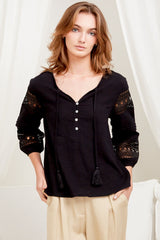 Susette Top - Buttoned Down Lace Insert Detailing Long Sleeve Top in Black