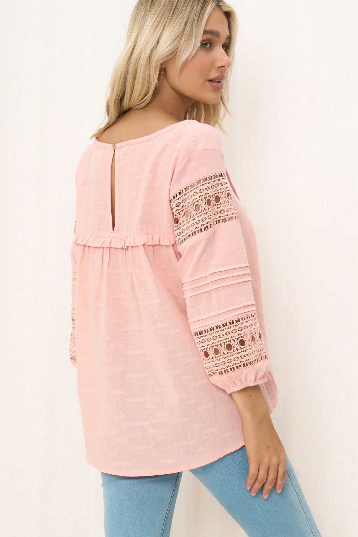 Susette Top - Buttoned Down Lace Insert Detailing Long Sleeve Top in Blush