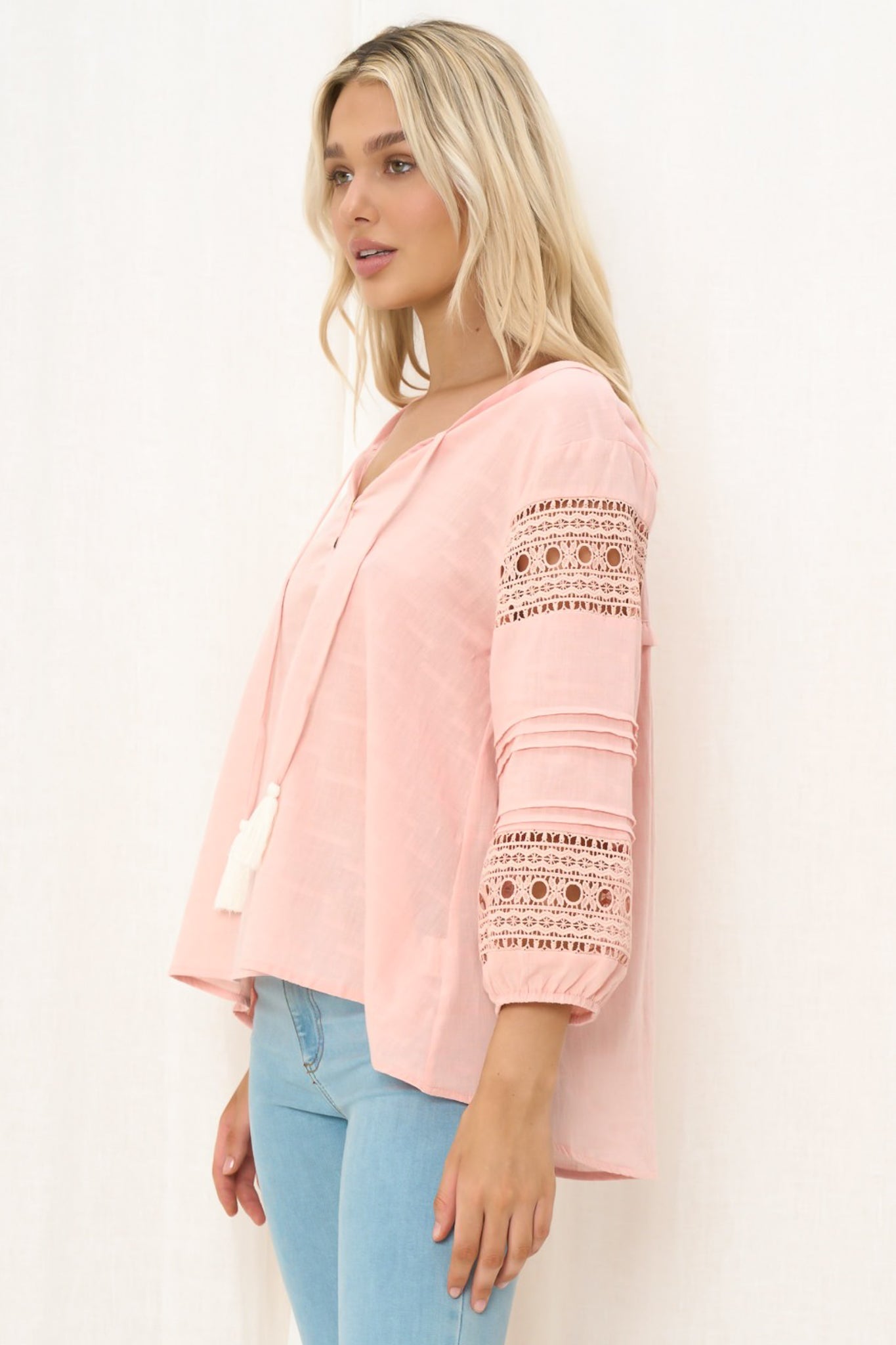 Susette Top - Buttoned Down Lace Insert Detailing Long Sleeve Top in Blush