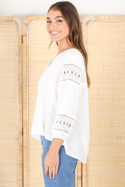 Susette Top - Buttoned Down Lace Insert Detailing Long Sleeve Top in White