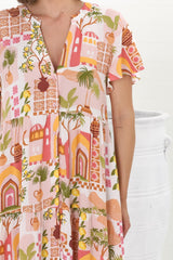 Milla Midi Dress - Bermuda Collar Button Down Short Sleeve Dress in Baroa Print