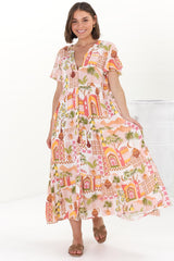 Milla Midi Dress - Bermuda Collar Button Down Short Sleeve Dress in Baroa Print