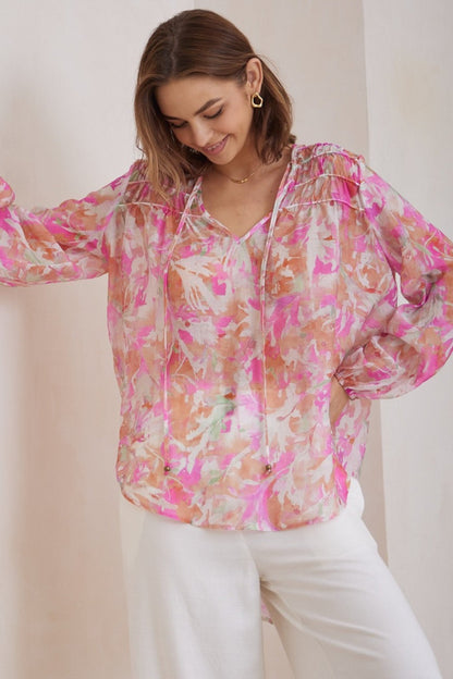 Suzi Blouse - Ruffled Shoulder Detailed Pull Over Top with Neck Tie in Pink Floral