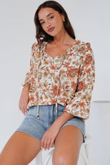 Suzi Blouse - Ruffled Shoulder Detailed Pull Over Top with Neck Tie in Zera Print