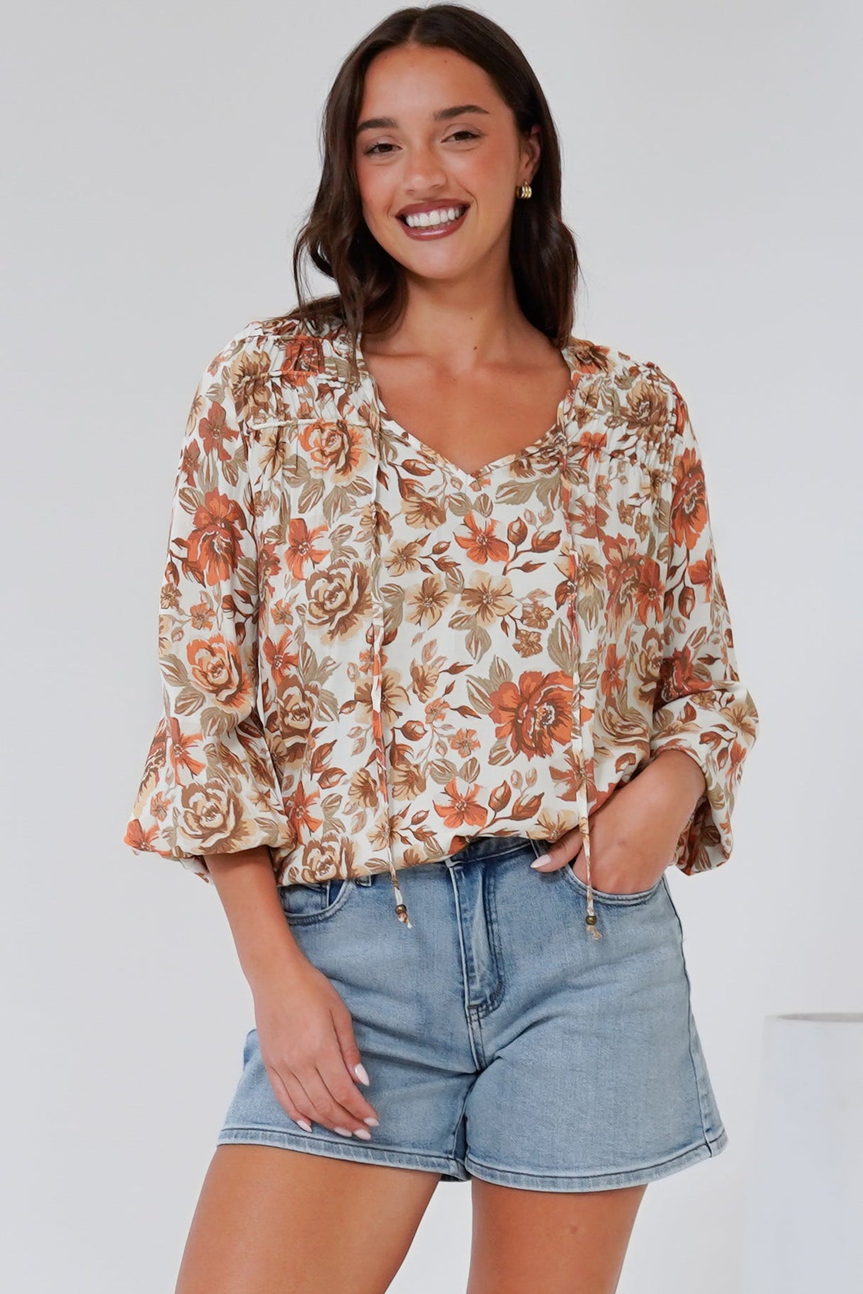 Suzi Blouse - Ruffled Shoulder Detailed Pull Over Top with Neck Tie in Zera Print