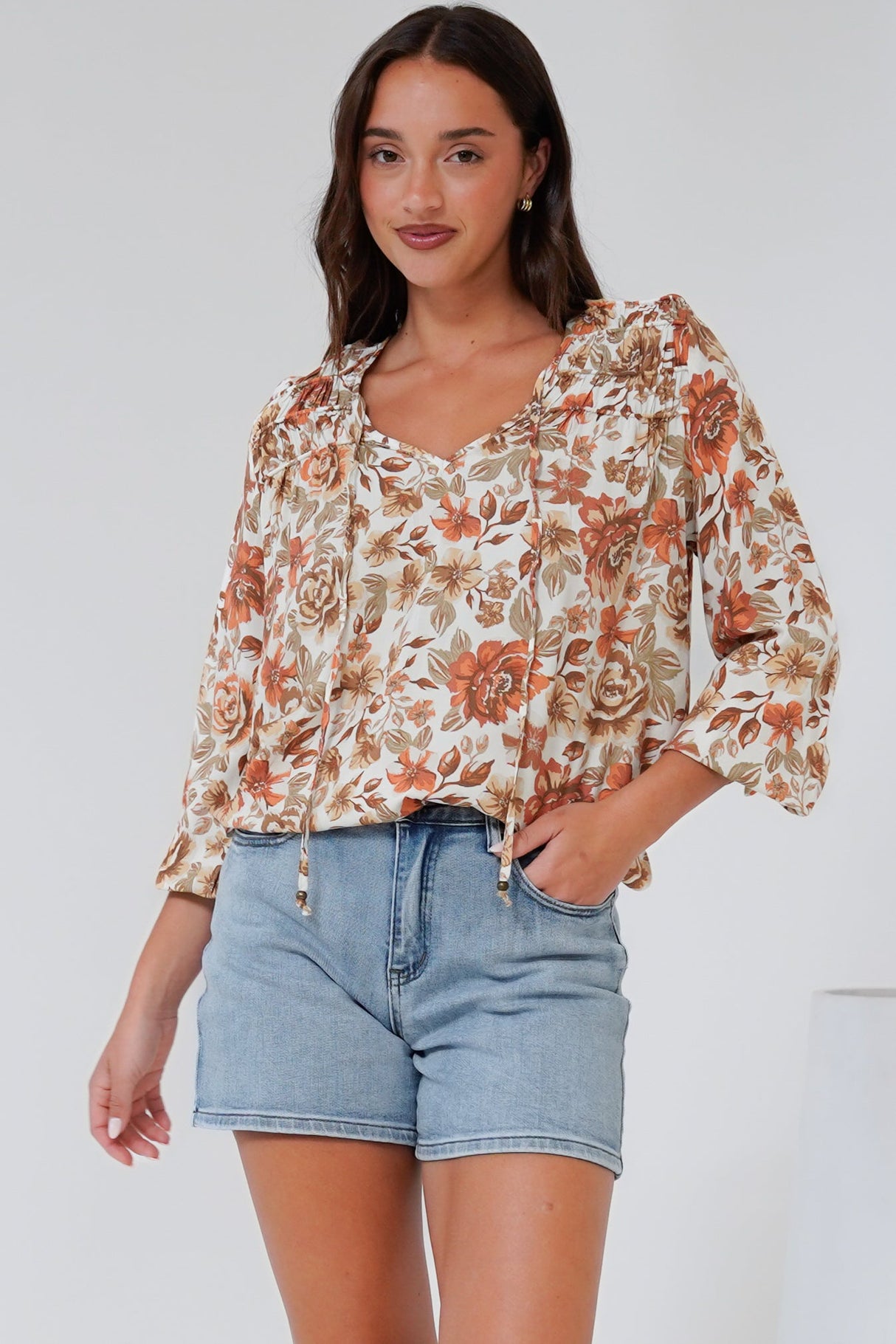 Suzi Blouse - Ruffled Shoulder Detailed Pull Over Top with Neck Tie in Zera Print