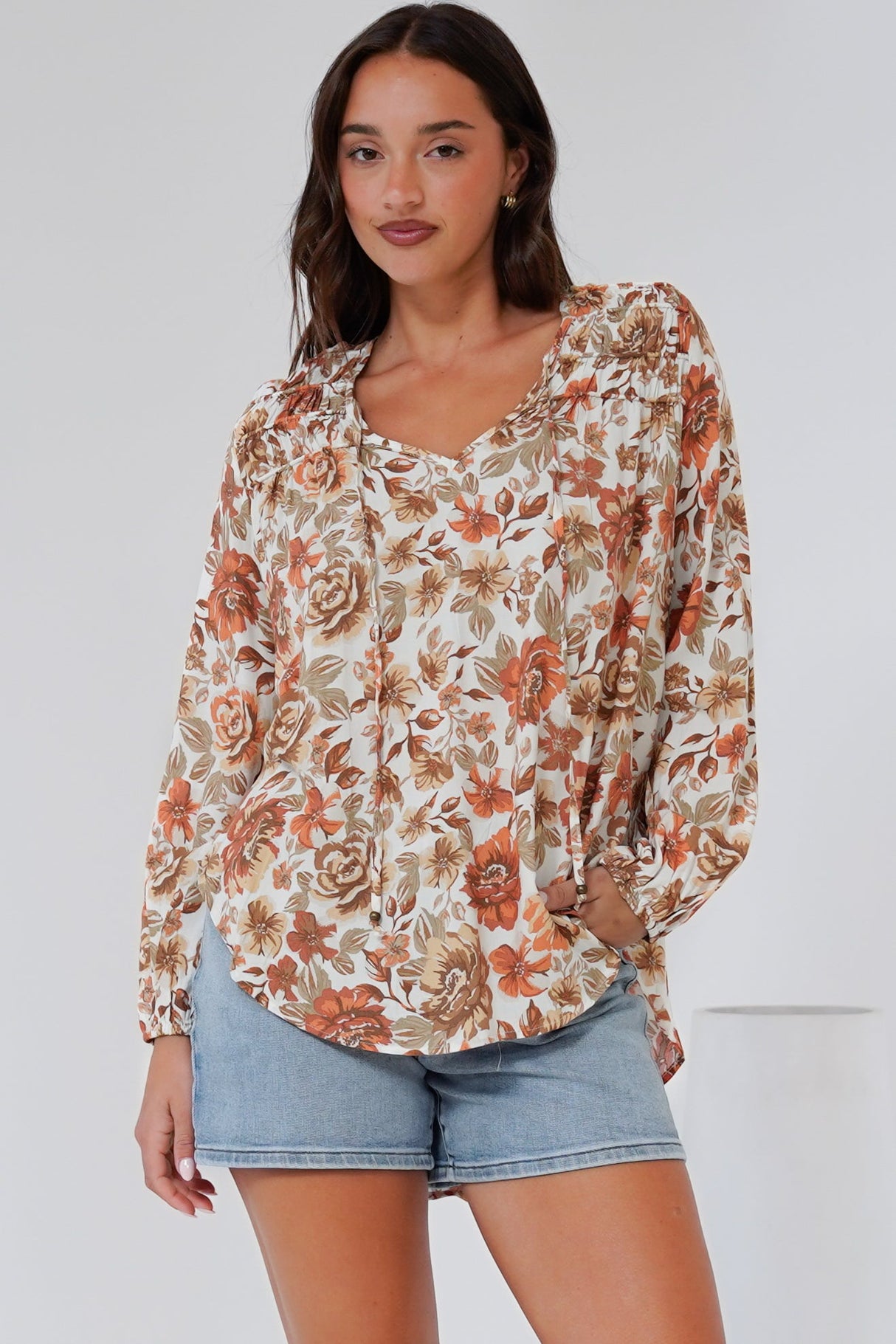 Suzi Blouse - Ruffled Shoulder Detailed Pull Over Top with Neck Tie in Zera Print