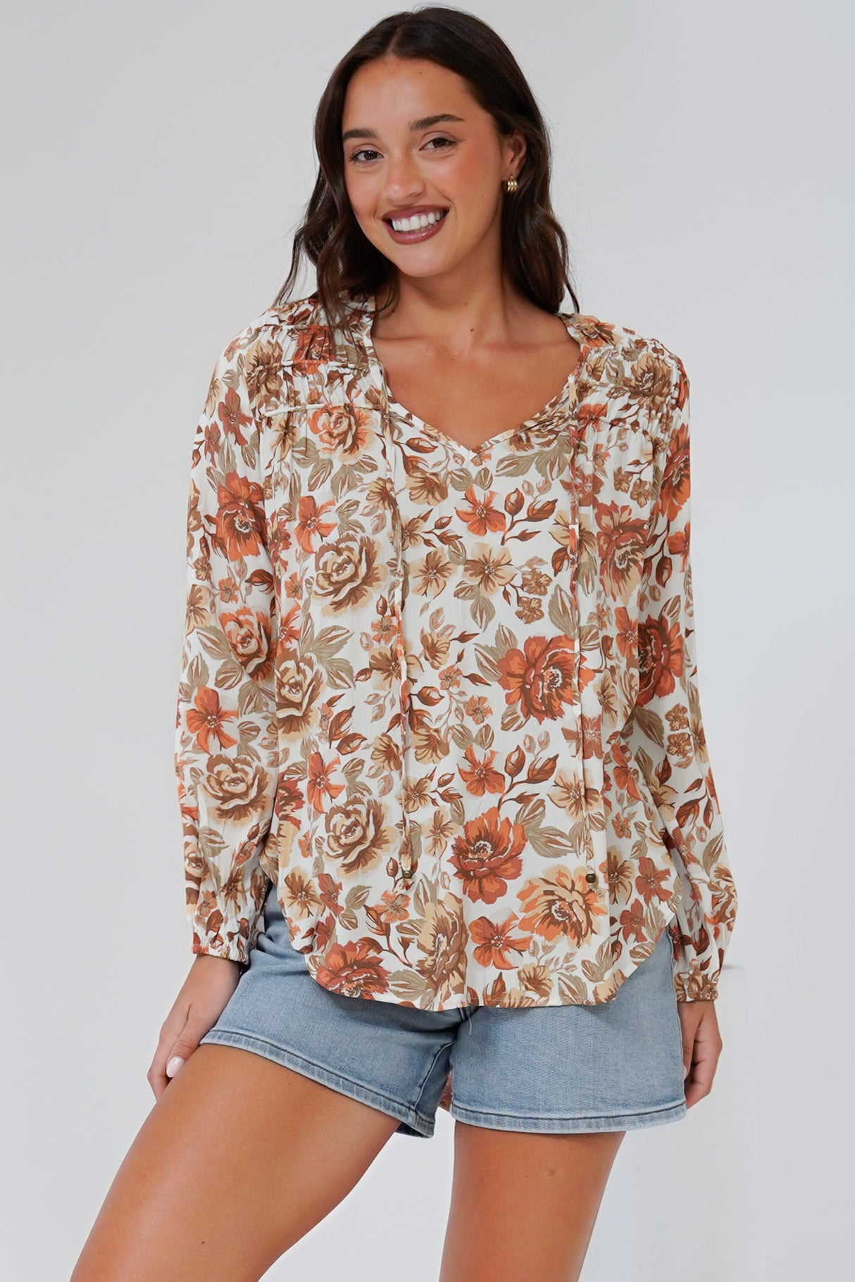 Suzi Blouse - Ruffled Shoulder Detailed Pull Over Top with Neck Tie in Zera Print