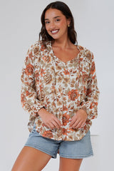 Suzi Blouse - Ruffled Shoulder Detailed Pull Over Top with Neck Tie in Zera Print