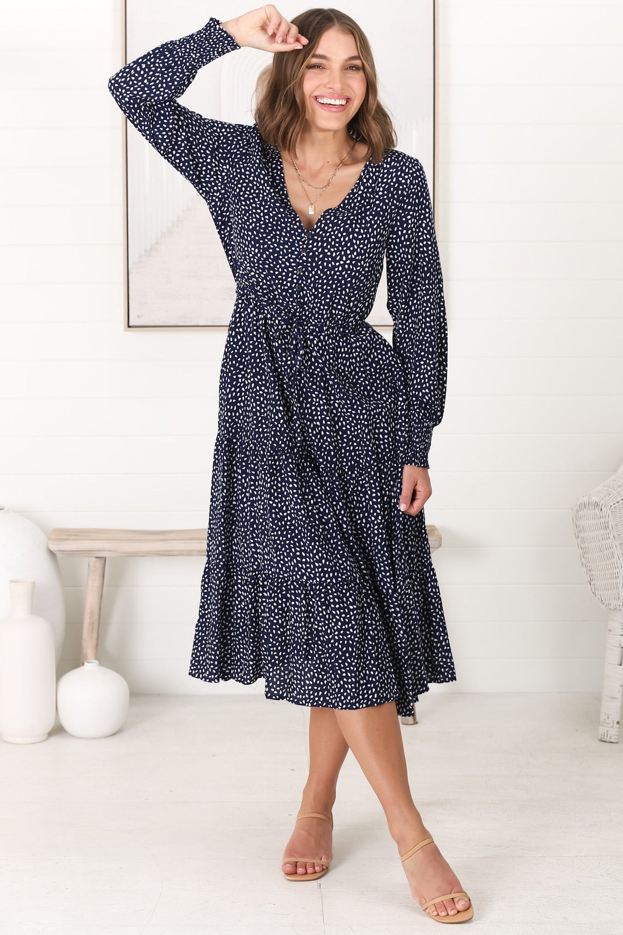 Suzie Midi Dress - Long Sleeve Pull Tie Waist A Line Dress in Bell Print