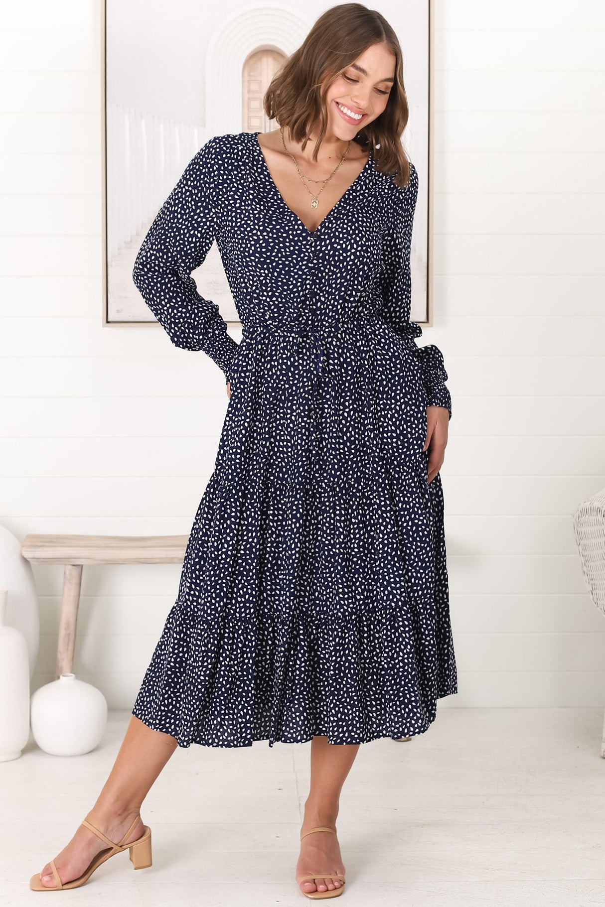 Suzie Midi Dress - Long Sleeve Pull Tie Waist A Line Dress in Bell Print