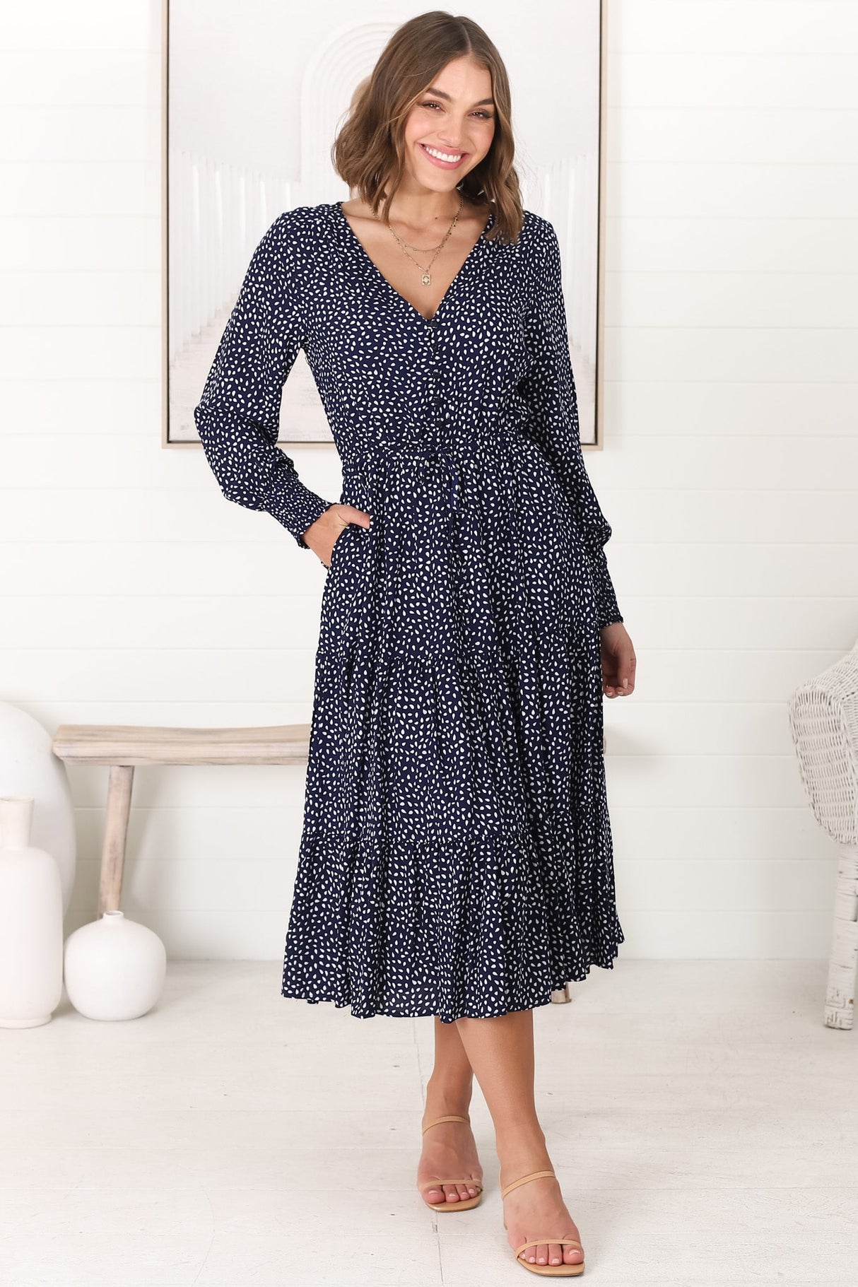 Suzie Midi Dress - Long Sleeve Pull Tie Waist A Line Dress in Bell Print