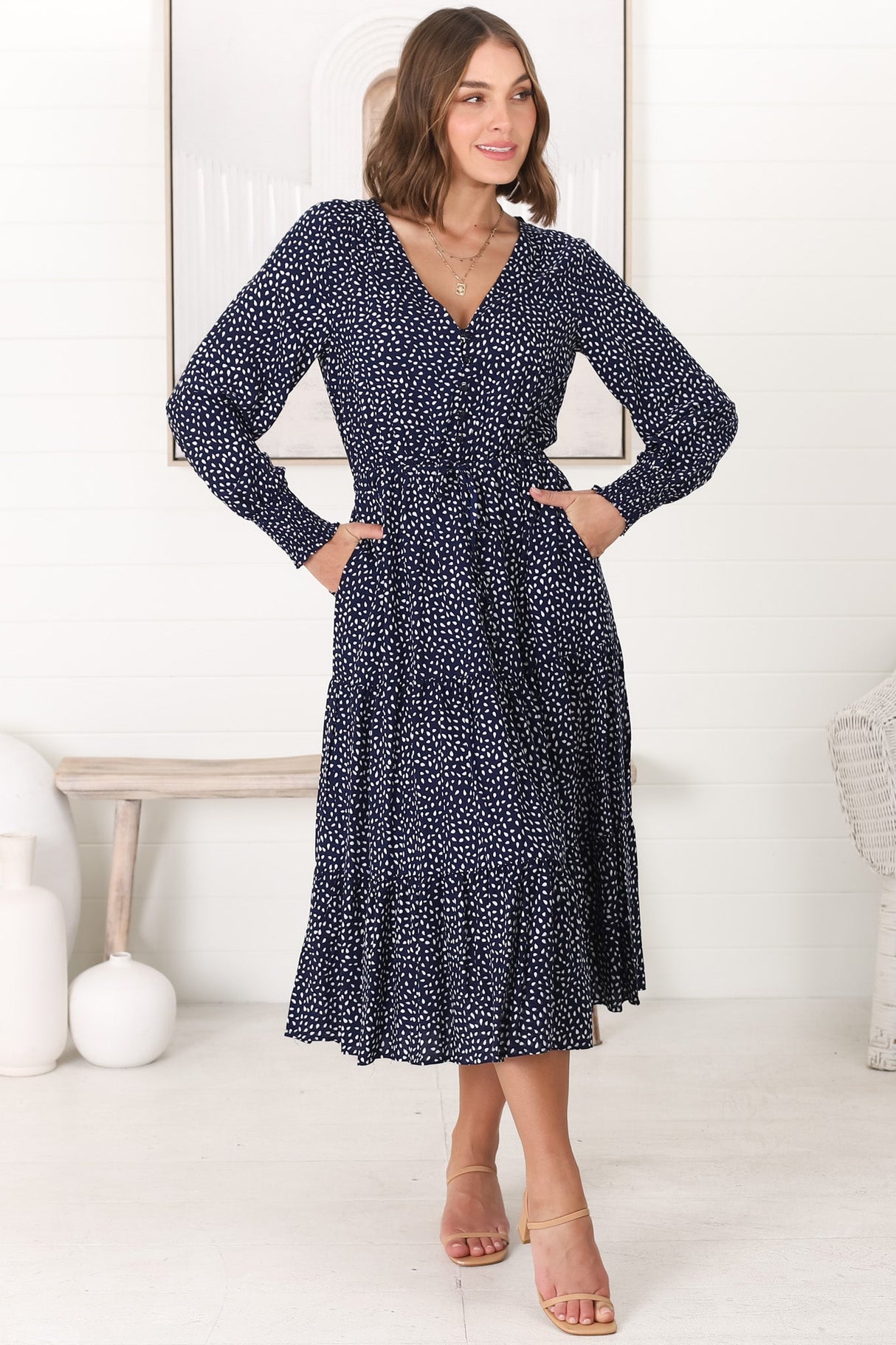 Suzie Midi Dress - Long Sleeve Pull Tie Waist A Line Dress in Bell Print