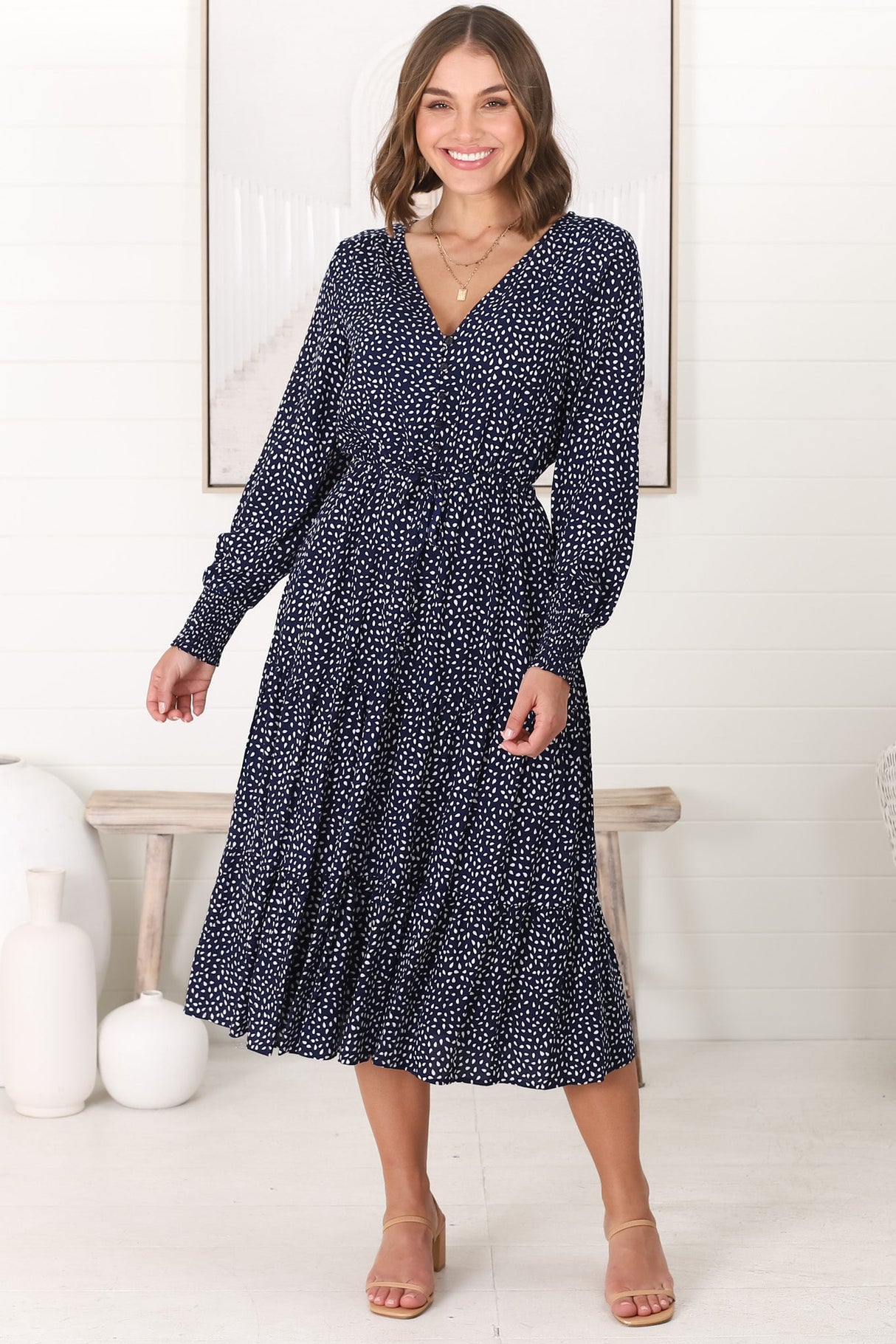 Suzie Midi Dress - Long Sleeve Pull Tie Waist A Line Dress in Bell Print