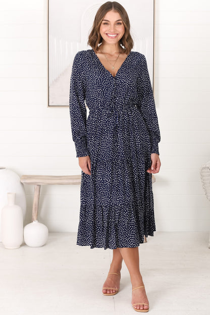 Suzie Midi Dress - Long Sleeve Pull Tie Waist A Line Dress in Bell Print