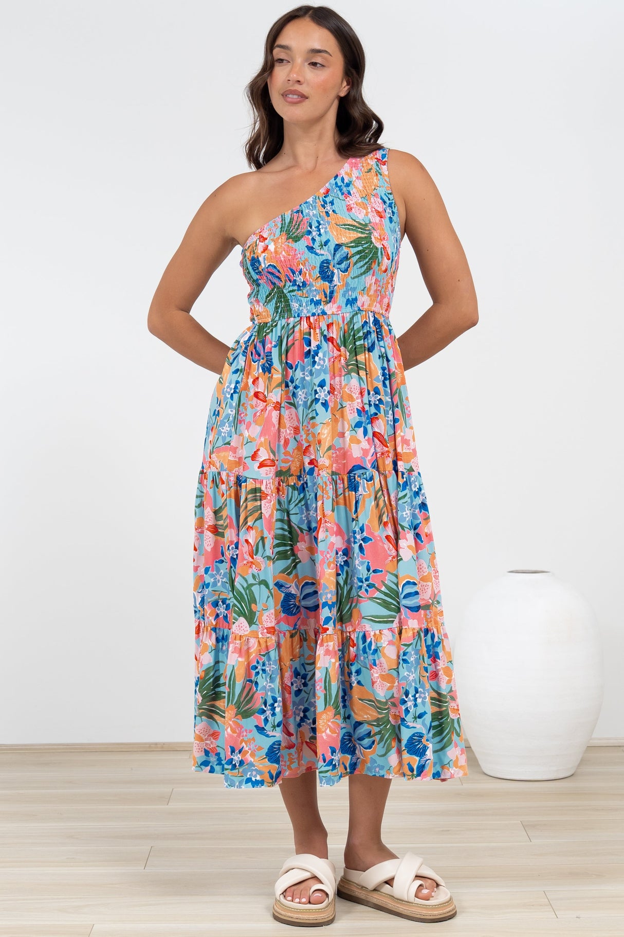 Suzzie Midi Dress - One Shoulder Elasticated Bodice Tiered Dress in Angelitta Print