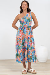 Suzzie Midi Dress - One Shoulder Elasticated Bodice Tiered Dress in Angelitta Print