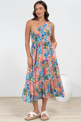 Suzzie Midi Dress - One Shoulder Elasticated Bodice Tiered Dress in Angelitta Print