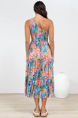 Suzzie Midi Dress - One Shoulder Elasticated Bodice Tiered Dress in Angelitta Print