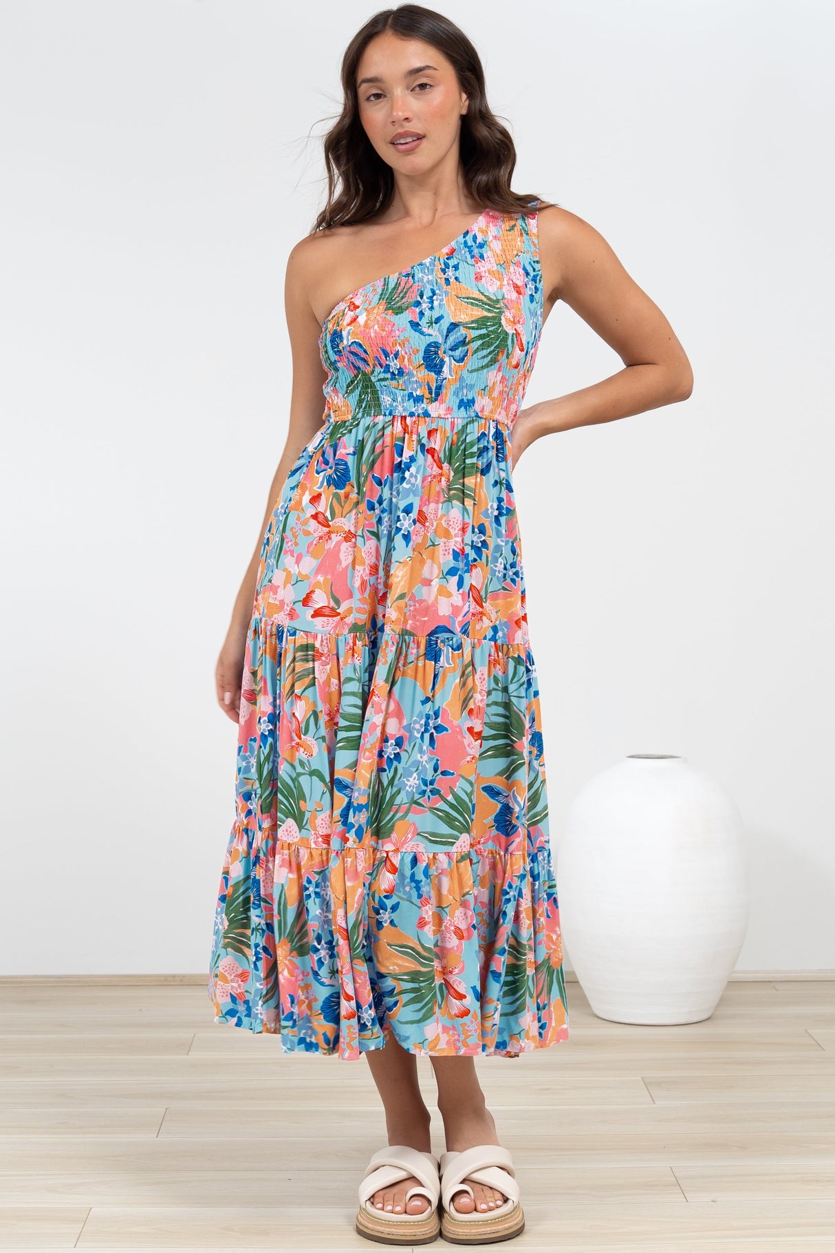 Suzzie Midi Dress - One Shoulder Elasticated Bodice Tiered Dress in Angelitta Print