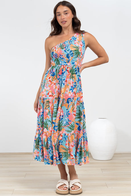 Suzzie Midi Dress - One Shoulder Elasticated Bodice Tiered Dress in Angelitta Print