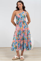 Suzzie Midi Dress - One Shoulder Elasticated Bodice Tiered Dress in Angelitta Print