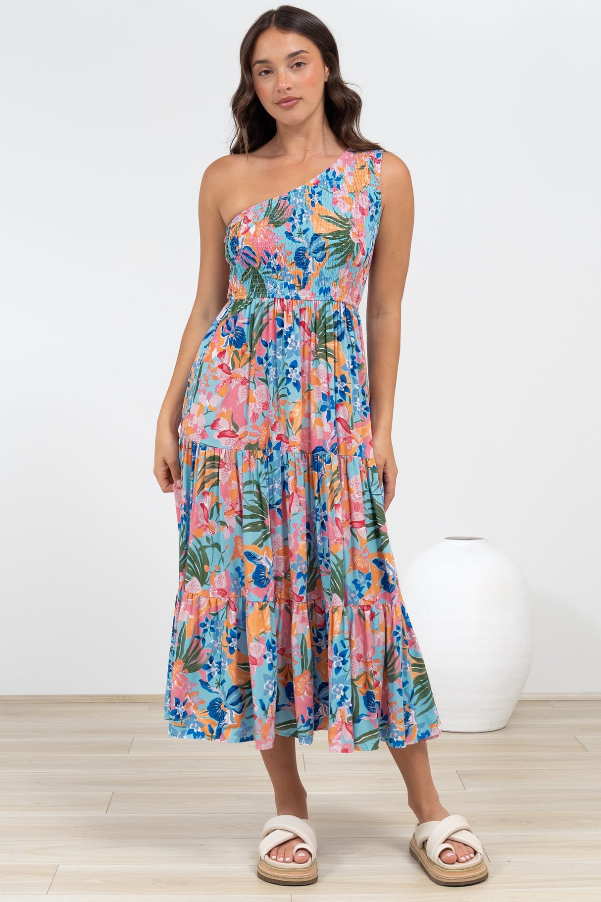 Suzzie Midi Dress - One Shoulder Elasticated Bodice Tiered Dress in Angelitta Print