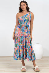 Suzzie Midi Dress - One Shoulder Elasticated Bodice Tiered Dress in Angelitta Print