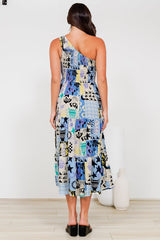 Suzzie Midi Dress - One Shoulder Elasticated Bodice Tiered Dress in Belma Print