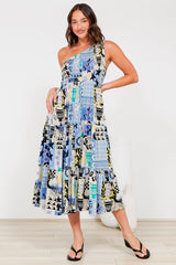 Suzzie Midi Dress - One Shoulder Elasticated Bodice Tiered Dress in Belma Print