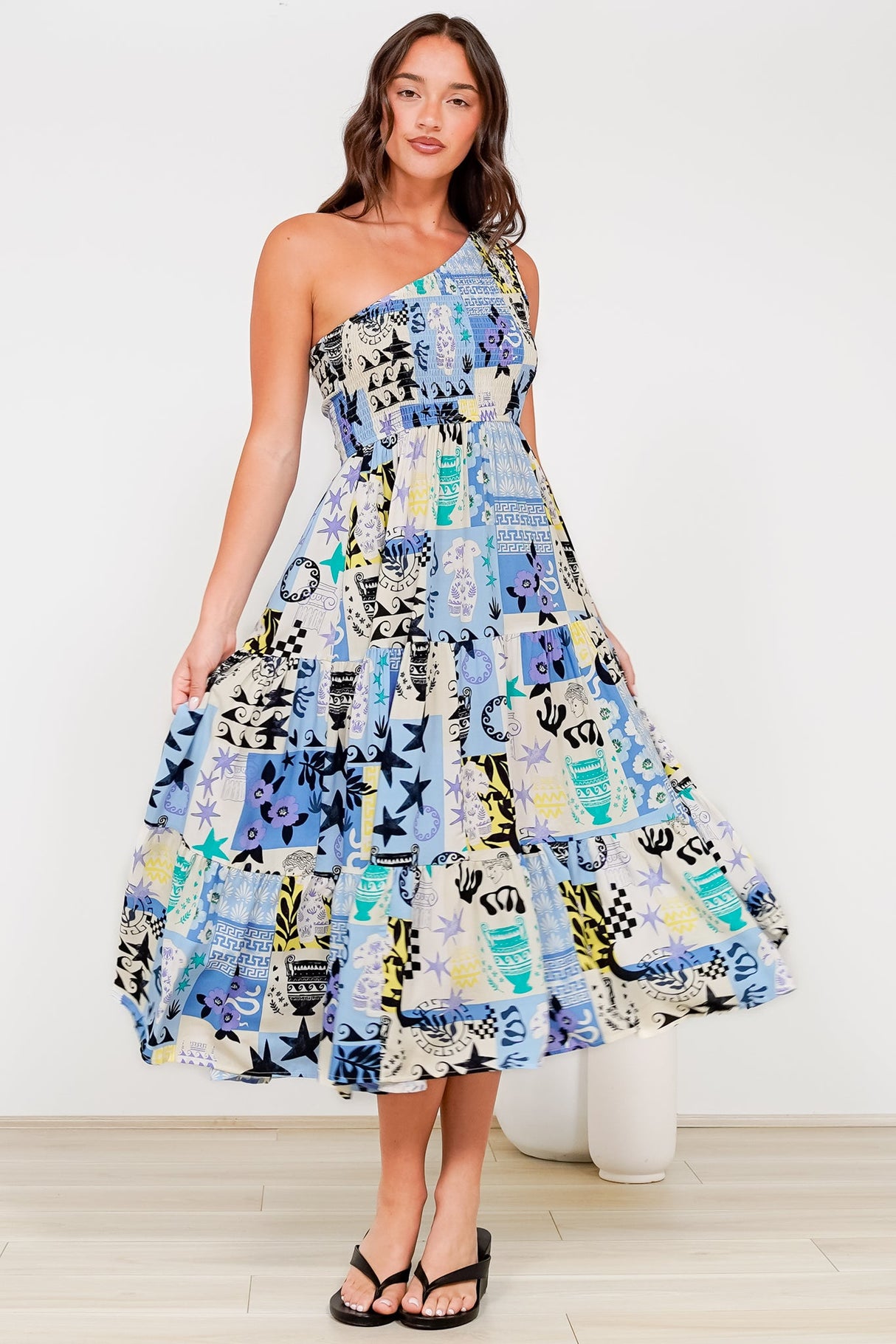 Suzzie Midi Dress - One Shoulder Elasticated Bodice Tiered Dress in Belma Print