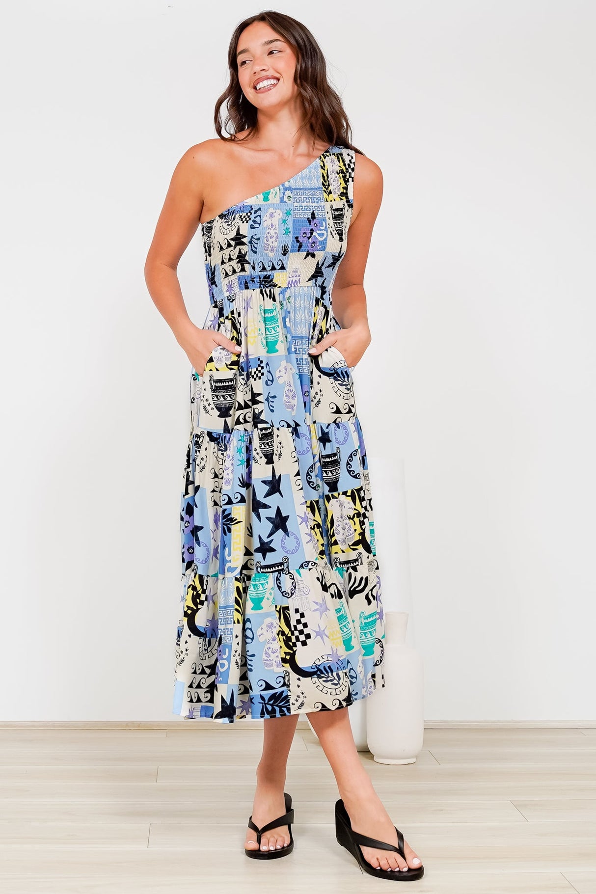 Suzzie Midi Dress - One Shoulder Elasticated Bodice Tiered Dress in Belma Print