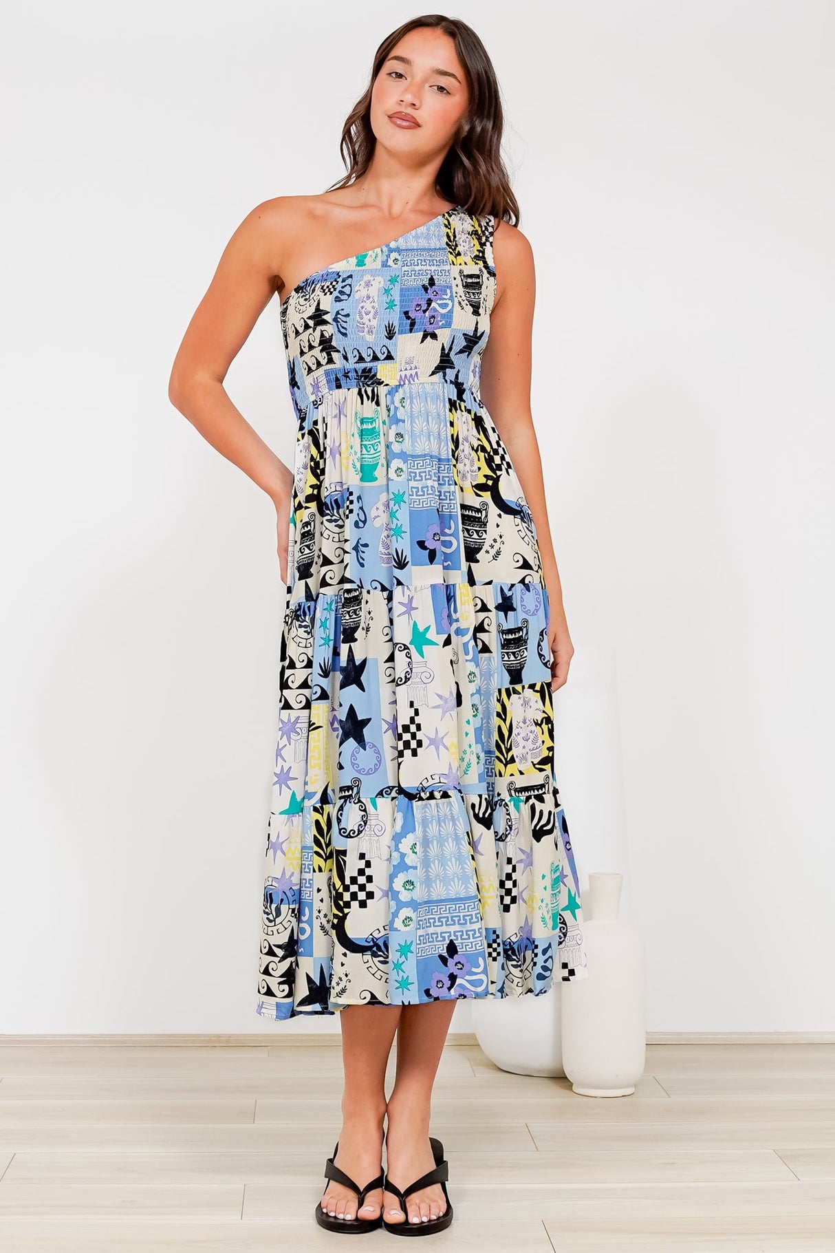 Suzzie Midi Dress - One Shoulder Elasticated Bodice Tiered Dress in Belma Print