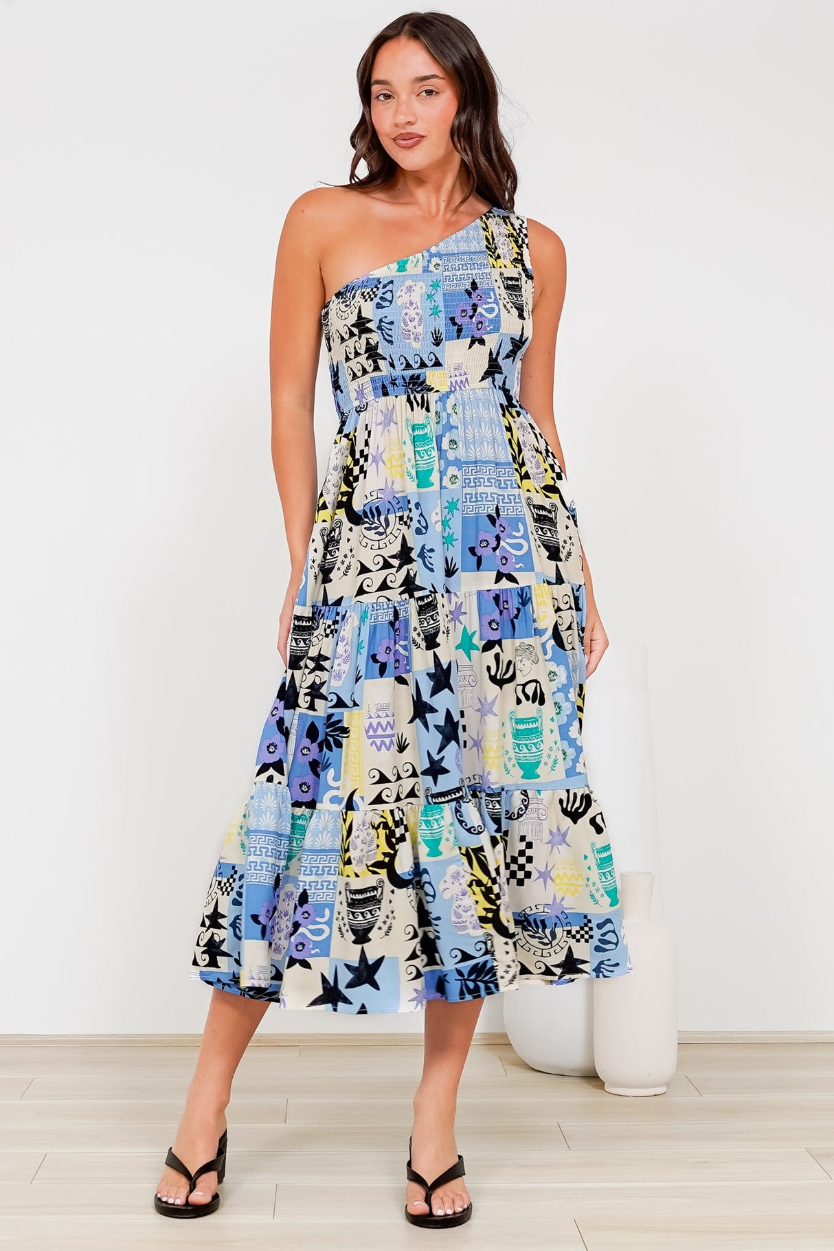 Suzzie Midi Dress - One Shoulder Elasticated Bodice Tiered Dress in Belma Print