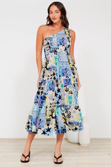 Suzzie Midi Dress - One Shoulder Elasticated Bodice Tiered Dress in Belma Print