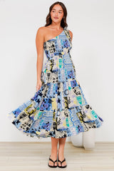 Suzzie Midi Dress - One Shoulder Elasticated Bodice Tiered Dress in Belma Print