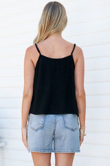 Swansea Cami - Pintuck Front Button Down Top with Adjustable Straps in Black