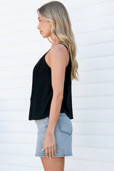 Swansea Cami - Pintuck Front Button Down Top with Adjustable Straps in Black