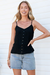 Swansea Cami - Pintuck Front Button Down Top with Adjustable Straps in Black