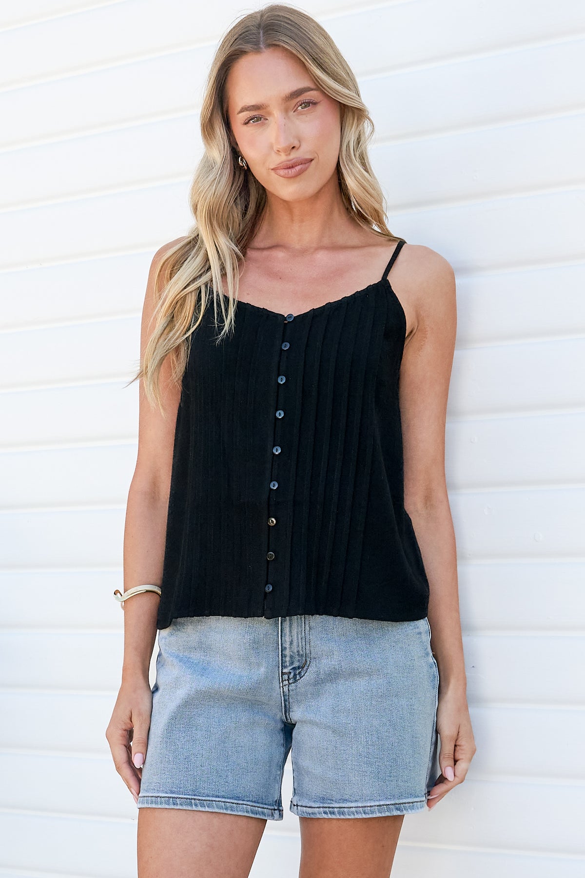 Swansea Cami - Pintuck Front Button Down Top with Adjustable Straps in Black