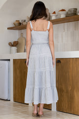 Swift Midi Dress - Elasticated Bodice Tiered Pinstripe Sun Dress in Navy