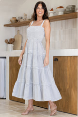 Swift Midi Dress - Elasticated Bodice Tiered Pinstripe Sun Dress in Navy