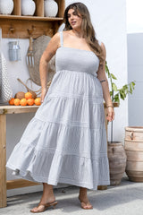 Swift Midi Dress - Elasticated Bodice Tiered Pinstripe Sun Dress in Navy