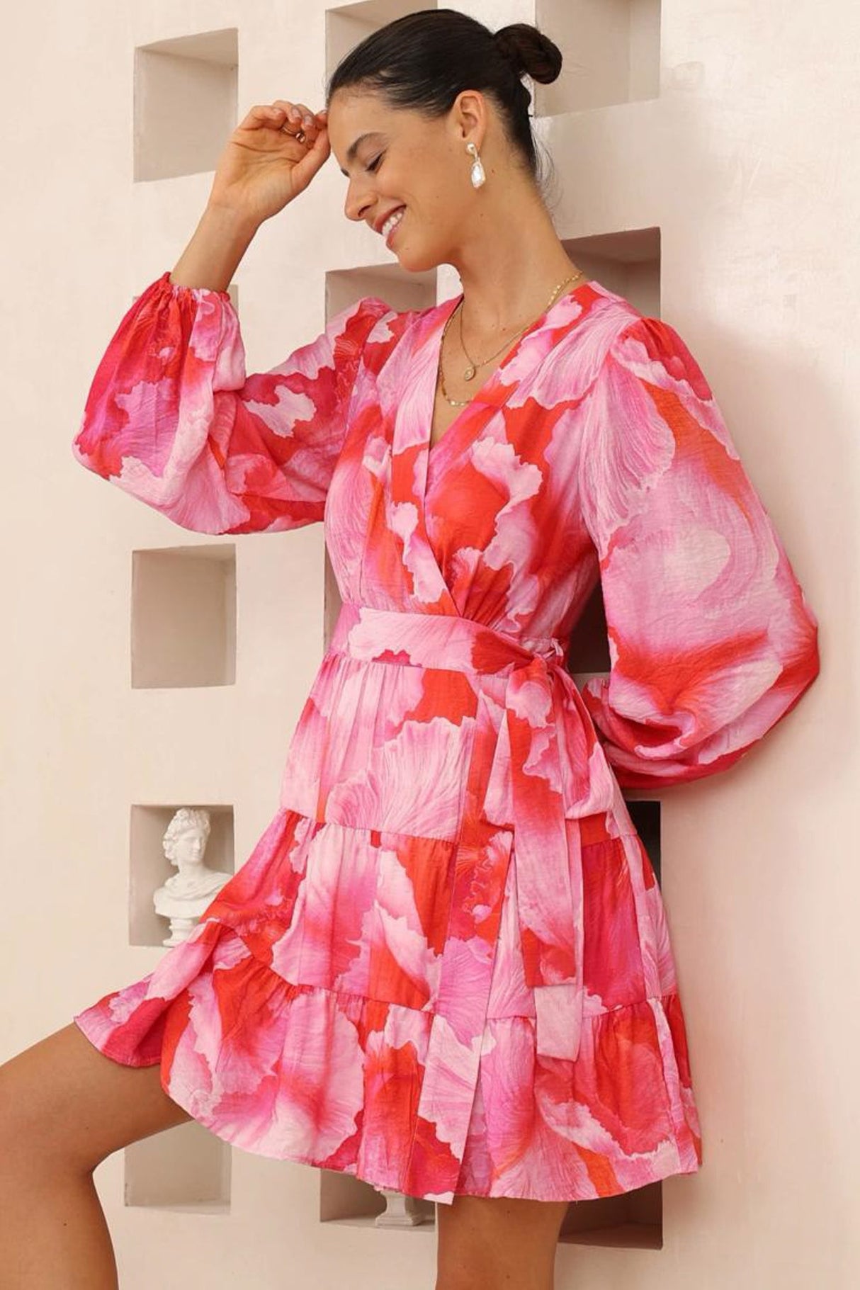 Sybil Mini Dress - Wrap A Line Dress with Long Balloon Sleeves in Greta Print